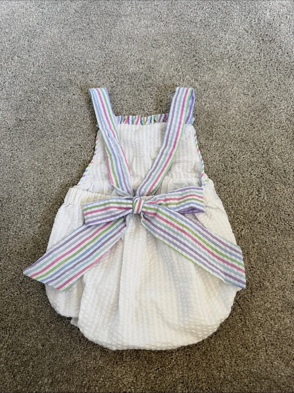 White Seersucker Baby Bubble Romper with Pastel Striped Trim